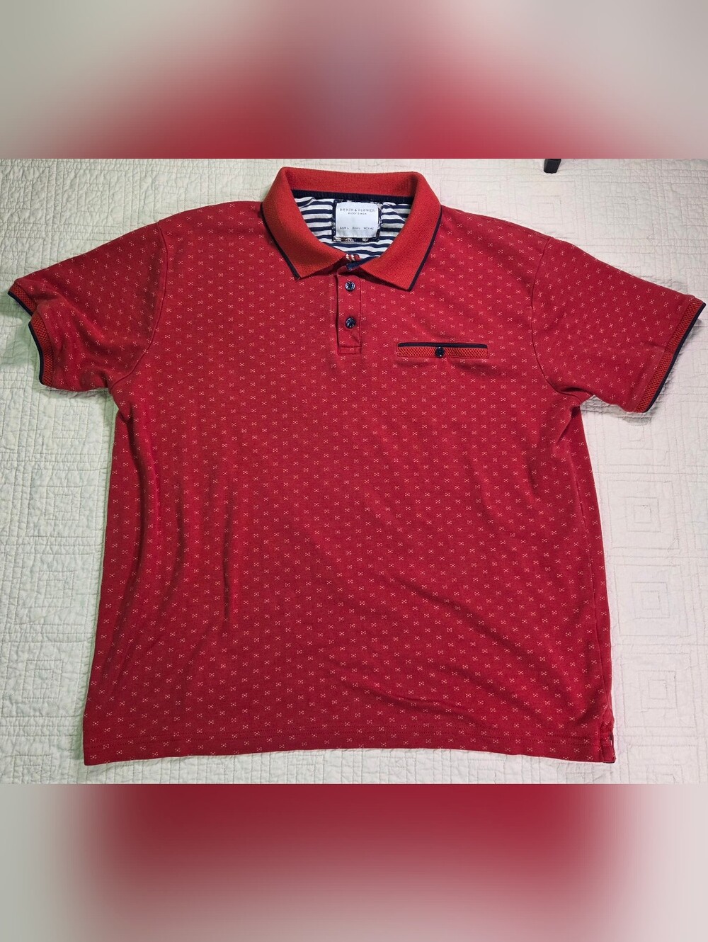 Denim & Flower Men's Red Geometric Micro Print Polo Shirt Short Sleeve Size L - Picture 1 of 11